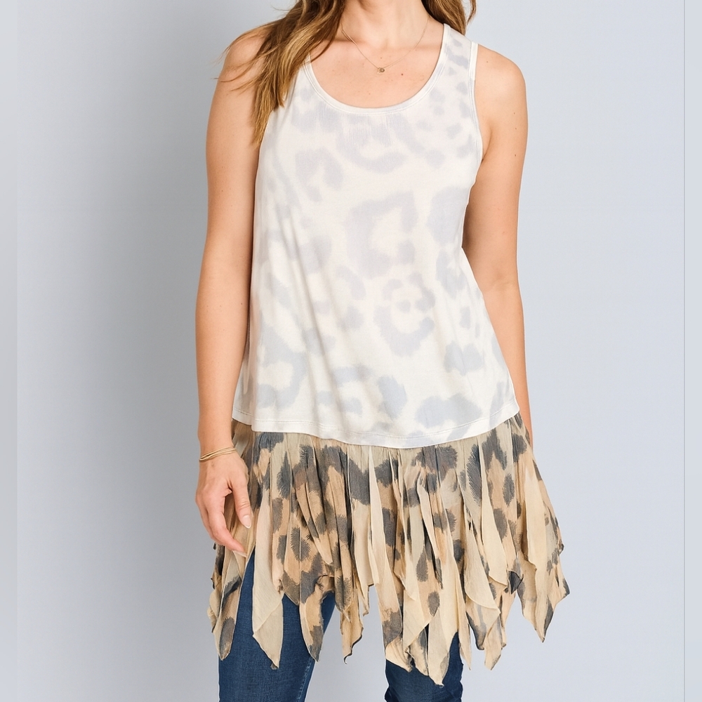 Origami Leopard Boho‎ Gypsy Fringe Sleeveless Tunic Top Dress Large Layer Chic